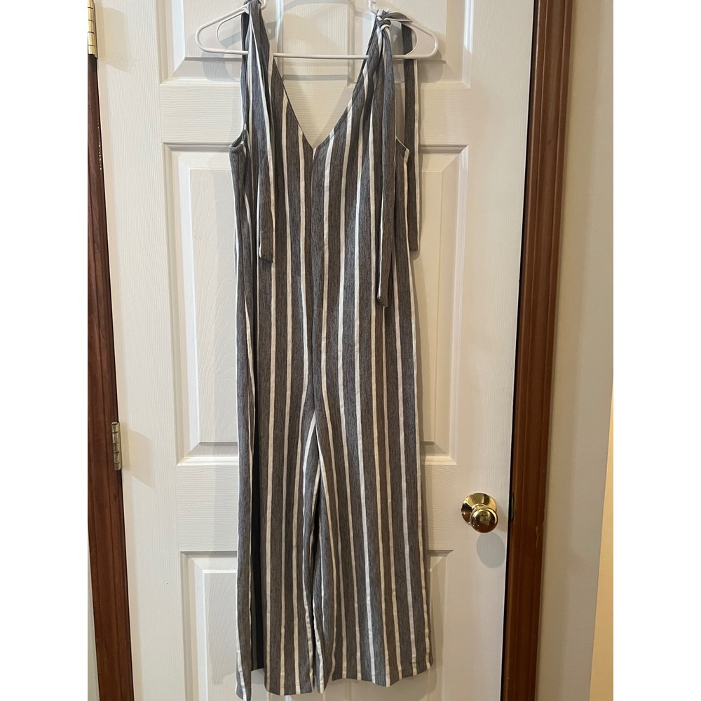 Lily White Grey White Striped Tie Shoulder Wide Leg Jumpsuit Small